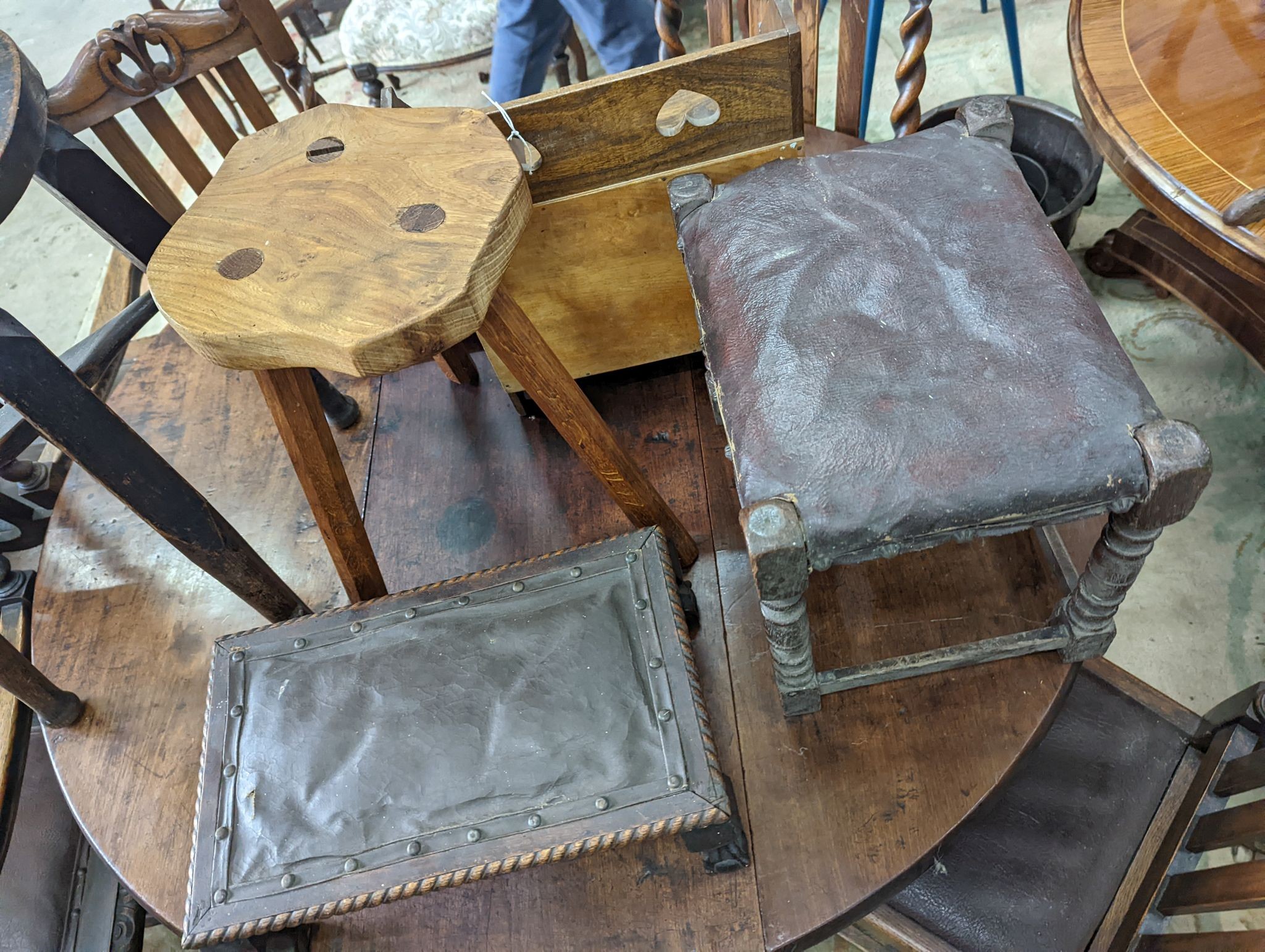 Four assorted stools, two trays, a bookstand and a wall shelf